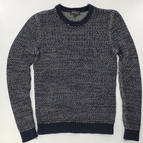 Express Men's Textured Navy and White Crewneck Sweater - Picture 1 of 15